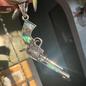 Vintage Silver Pistol Pendant w/ Abalone Handle Necklace